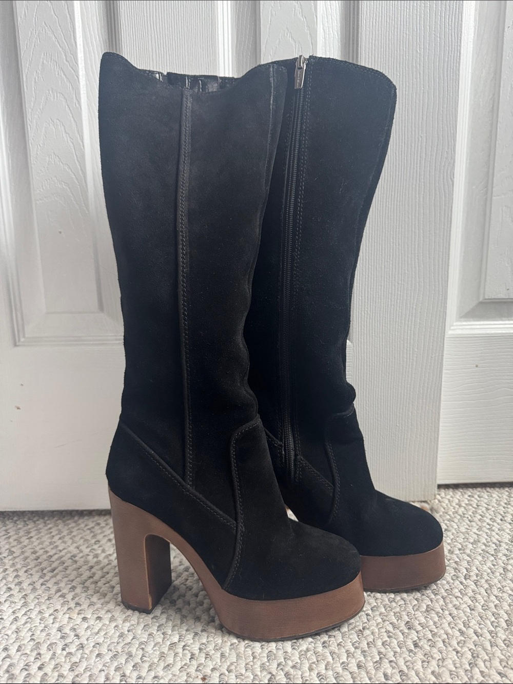 Vince Camuto Illishal Black Suede Knee-High Platform Boots with Brown Heel